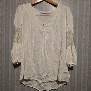 Painted Threads Blouse L Boho Top Womens White Lace V-Neck 3/4 Bell Sleeve Fairy